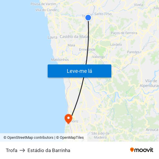 Trofa to Estádio da Barrinha map