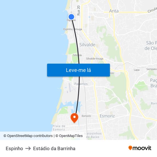 Espinho to Estádio da Barrinha map