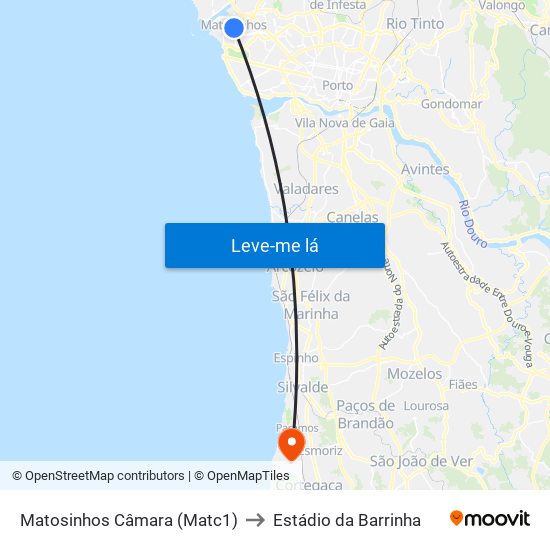 Matosinhos Câmara (Matc1) to Estádio da Barrinha map