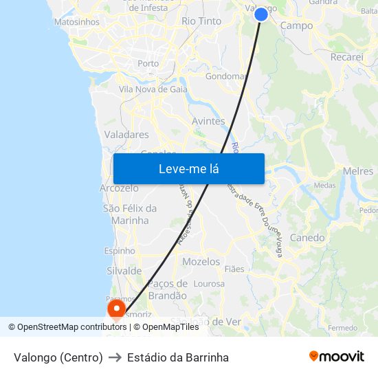 Valongo (Centro) to Estádio da Barrinha map