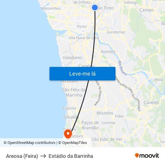 Areosa (Feira) to Estádio da Barrinha map