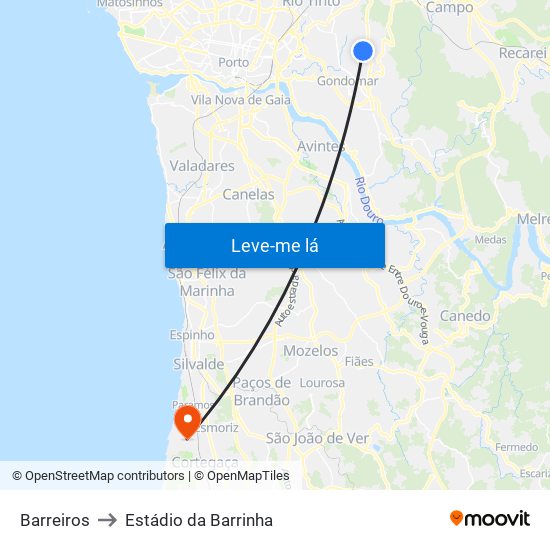Barreiros to Estádio da Barrinha map