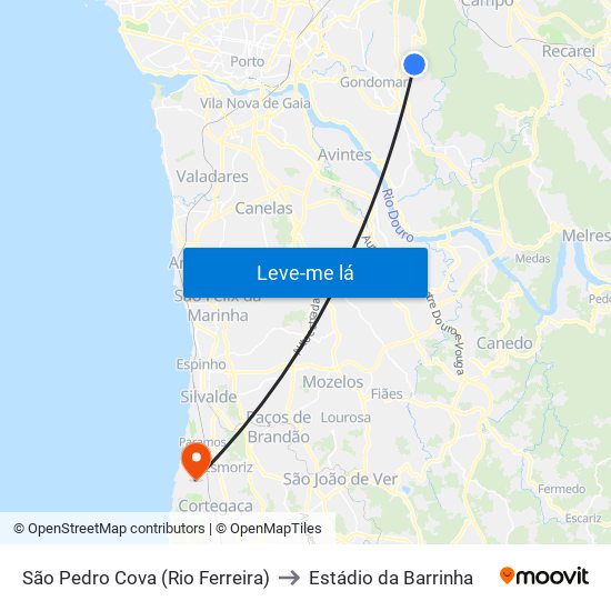 São Pedro Cova (Rio Ferreira) to Estádio da Barrinha map