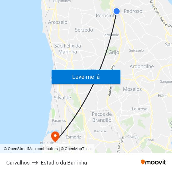 Carvalhos to Estádio da Barrinha map