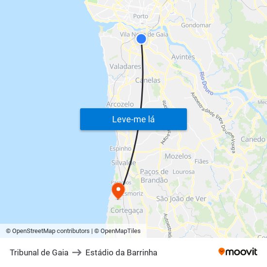 Tribunal de Gaia to Estádio da Barrinha map