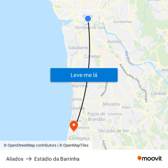 Aliados to Estádio da Barrinha map