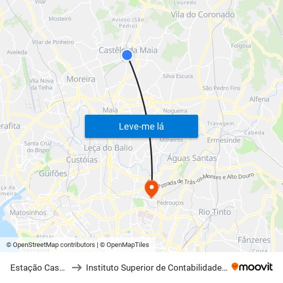 Estação Castêlo da Maia to Instituto Superior de Contabilidade e Administração do Porto map