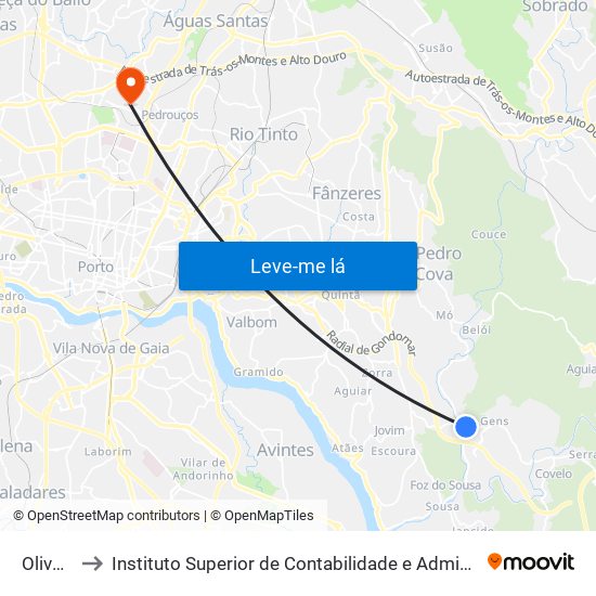 Oliveiras to Instituto Superior de Contabilidade e Administração do Porto map