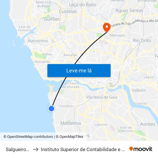 Salgueiros (Praia) to Instituto Superior de Contabilidade e Administração do Porto map