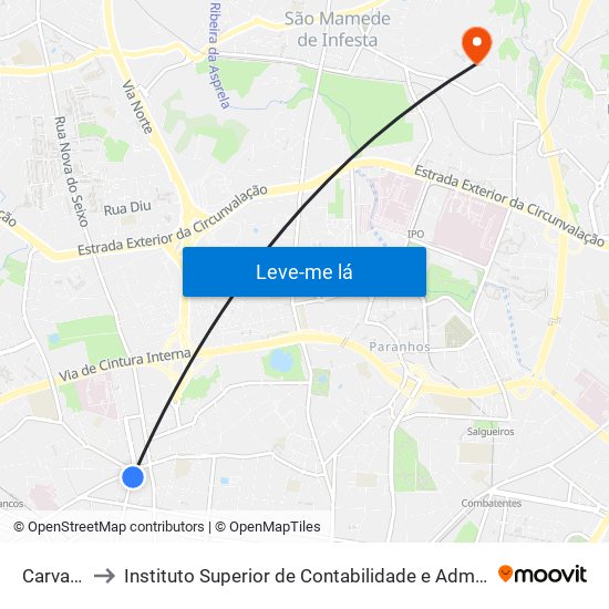 Carvalhido to Instituto Superior de Contabilidade e Administração do Porto map