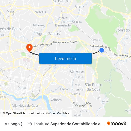 Valongo (Tribunal) to Instituto Superior de Contabilidade e Administração do Porto map