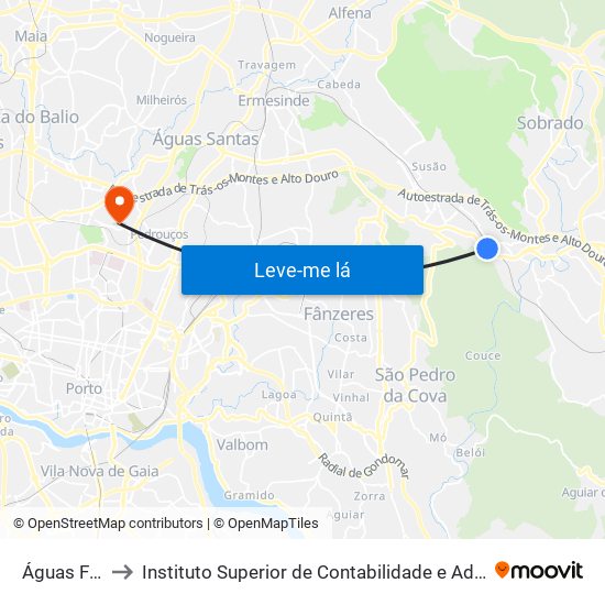 Águas Férreas to Instituto Superior de Contabilidade e Administração do Porto map