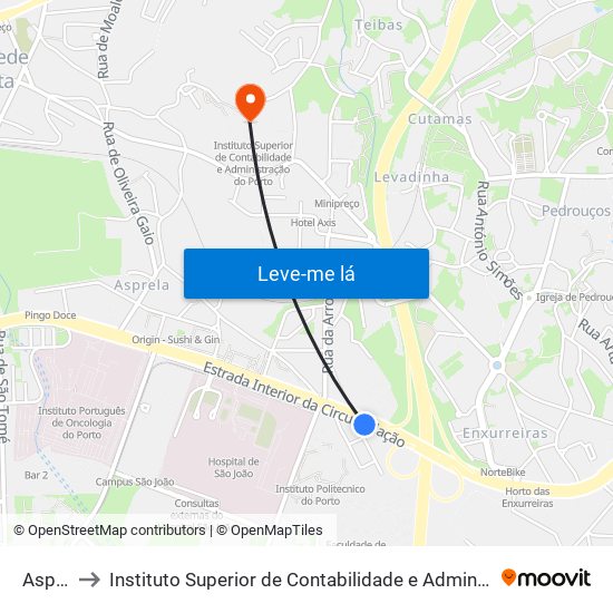 Asprela to Instituto Superior de Contabilidade e Administração do Porto map
