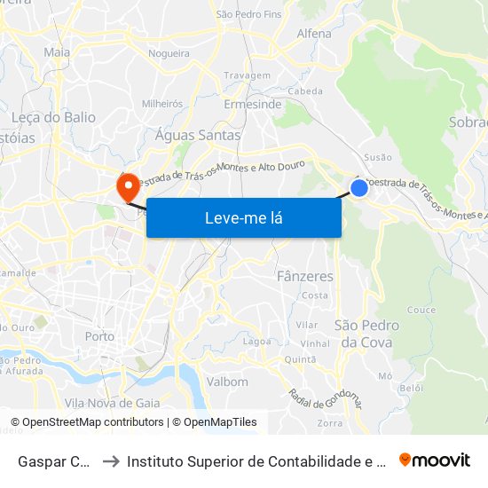 Gaspar Corte Real to Instituto Superior de Contabilidade e Administração do Porto map