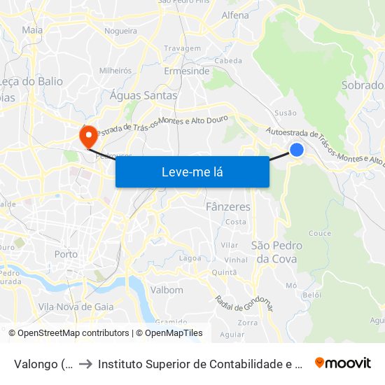 Valongo (Centro) to Instituto Superior de Contabilidade e Administração do Porto map