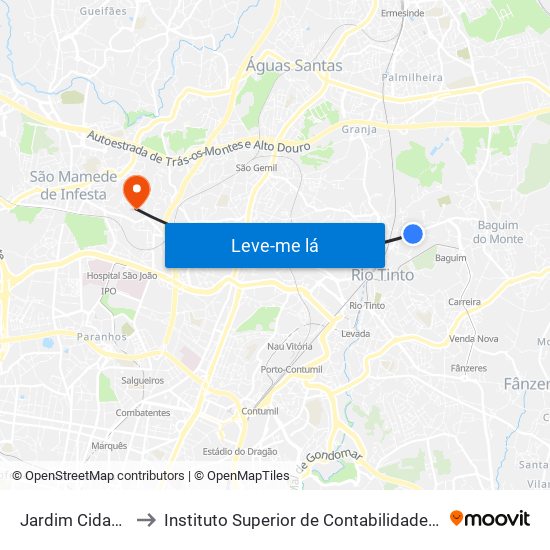 Jardim Cidade Rio Tinto to Instituto Superior de Contabilidade e Administração do Porto map