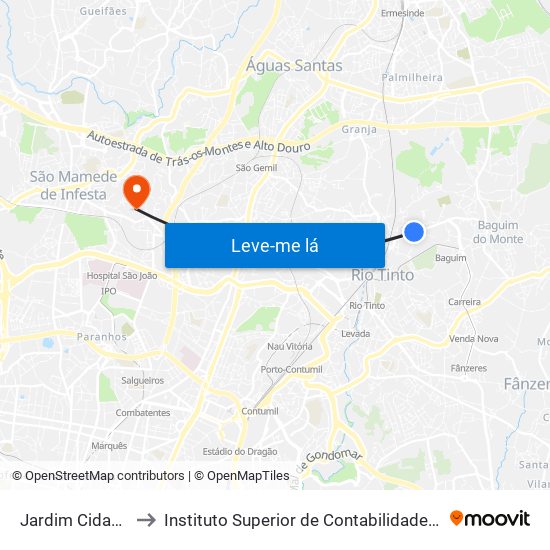 Jardim Cidade Rio Tinto to Instituto Superior de Contabilidade e Administração do Porto map
