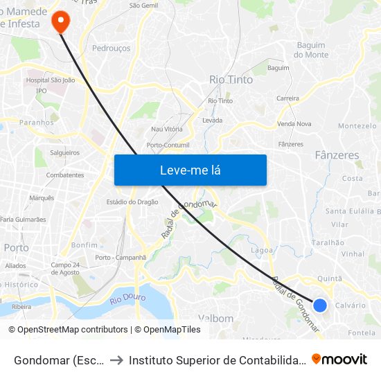 Gondomar (Escola Secundária) to Instituto Superior de Contabilidade e Administração do Porto map