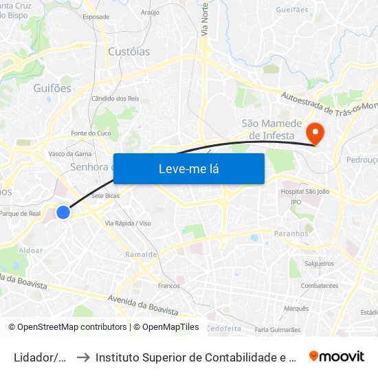 Lidador/Hospital to Instituto Superior de Contabilidade e Administração do Porto map