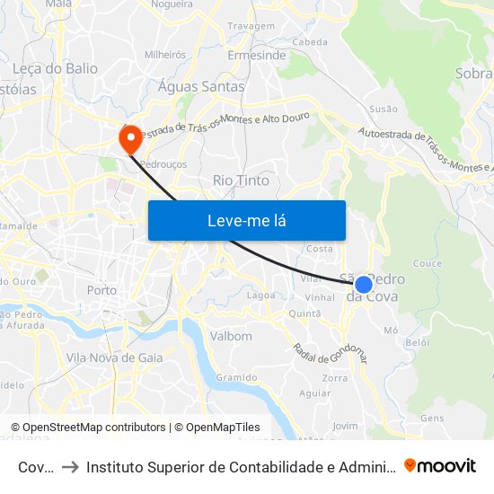Covilhã to Instituto Superior de Contabilidade e Administração do Porto map
