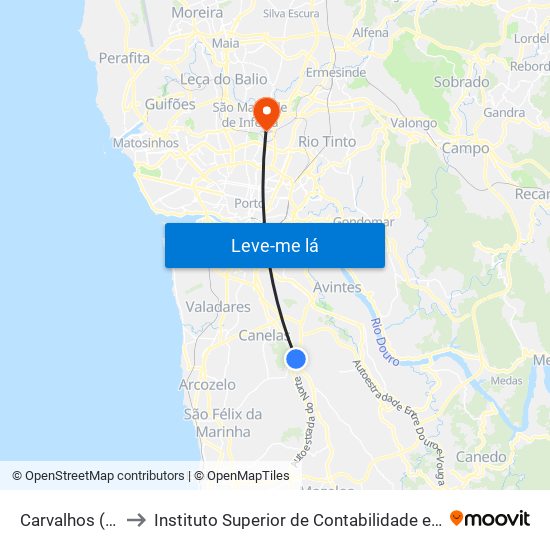 Carvalhos (Interface) to Instituto Superior de Contabilidade e Administração do Porto map