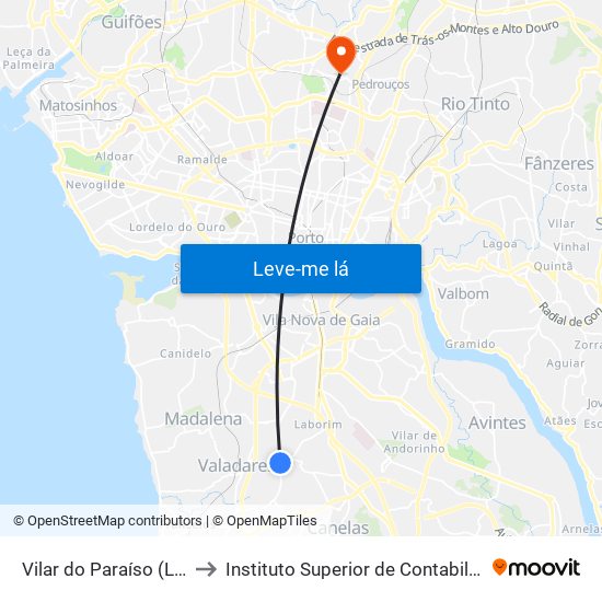 Vilar do Paraíso (Largo dos Monteiros) to Instituto Superior de Contabilidade e Administração do Porto map