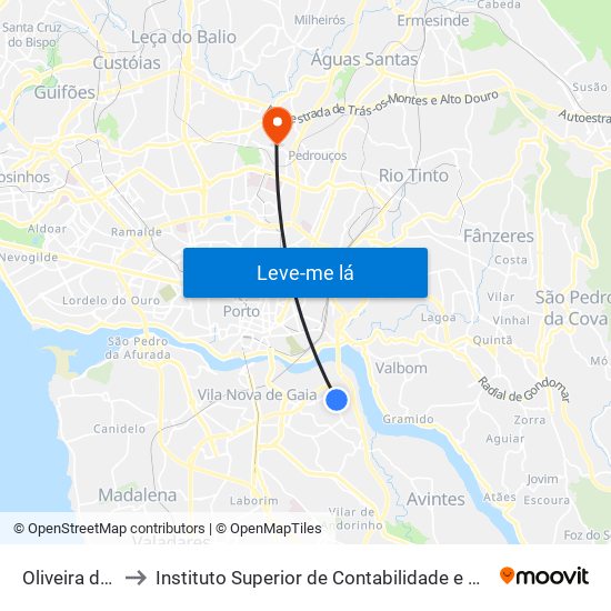 Oliveira do Douro to Instituto Superior de Contabilidade e Administração do Porto map