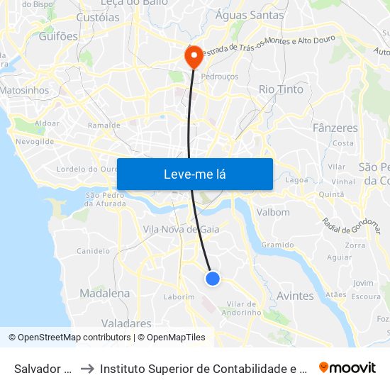 Salvador Caetano to Instituto Superior de Contabilidade e Administração do Porto map