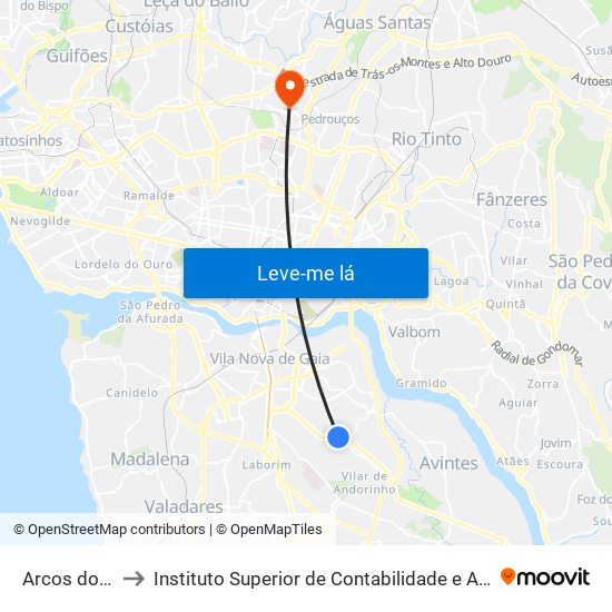 Arcos do Sardão to Instituto Superior de Contabilidade e Administração do Porto map