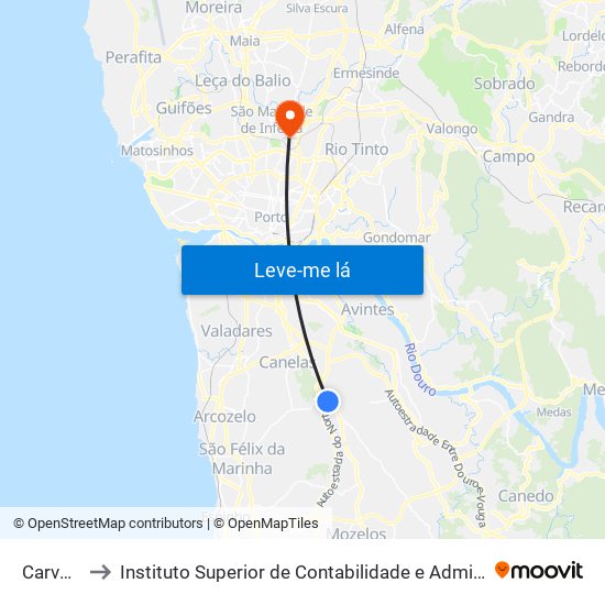 Carvalhos to Instituto Superior de Contabilidade e Administração do Porto map