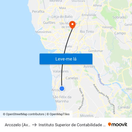 Arcozelo (Av. da Igreja) to Instituto Superior de Contabilidade e Administração do Porto map