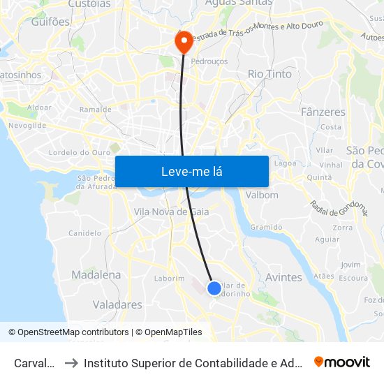 Carvalheiras to Instituto Superior de Contabilidade e Administração do Porto map