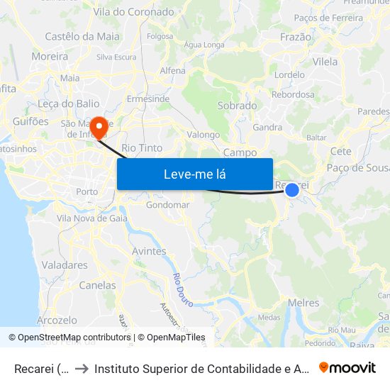 Recarei (Costa) to Instituto Superior de Contabilidade e Administração do Porto map