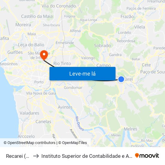 Recarei (Valvide) to Instituto Superior de Contabilidade e Administração do Porto map