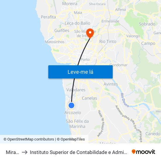 Miramar to Instituto Superior de Contabilidade e Administração do Porto map