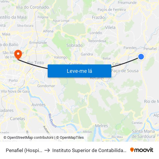 Penafiel (Hospital P. Américo) to Instituto Superior de Contabilidade e Administração do Porto map