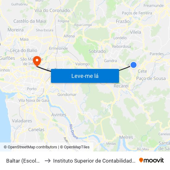 Baltar (Escola Secundária) to Instituto Superior de Contabilidade e Administração do Porto map
