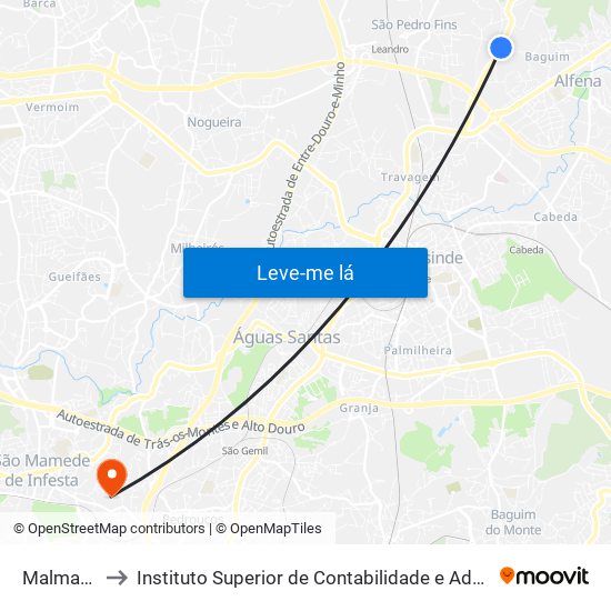 Malmarinhas to Instituto Superior de Contabilidade e Administração do Porto map