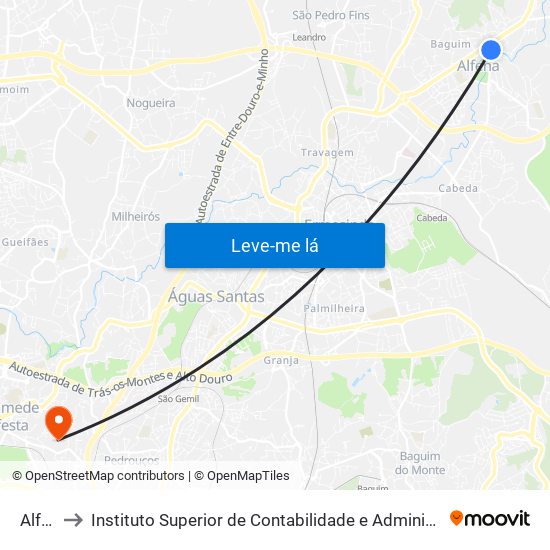 Alfena to Instituto Superior de Contabilidade e Administração do Porto map