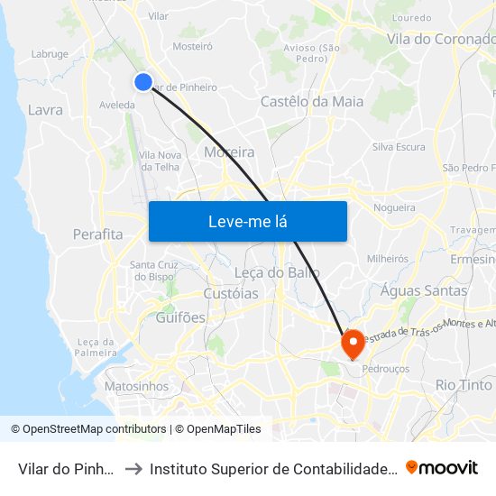 Vilar do Pinheiro (Metro) to Instituto Superior de Contabilidade e Administração do Porto map