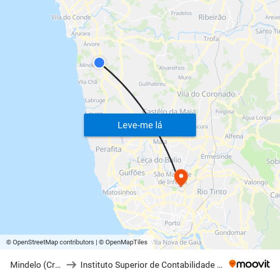 Mindelo (Cruzamento) to Instituto Superior de Contabilidade e Administração do Porto map