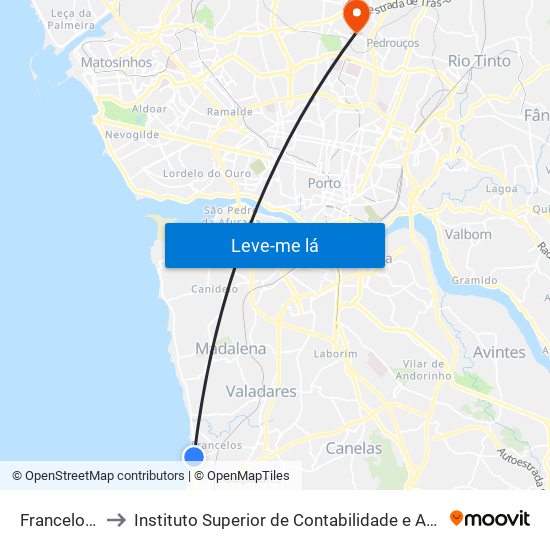 Francelos-Praia to Instituto Superior de Contabilidade e Administração do Porto map