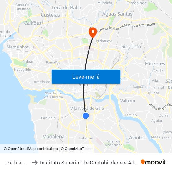 Pádua Correia to Instituto Superior de Contabilidade e Administração do Porto map