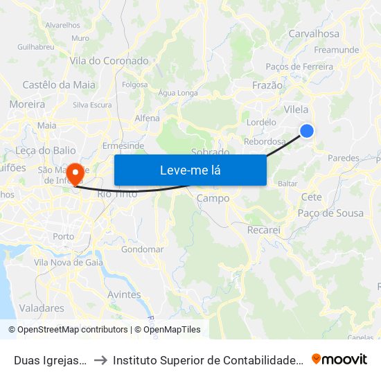 Duas Igrejas (Lameiras) to Instituto Superior de Contabilidade e Administração do Porto map