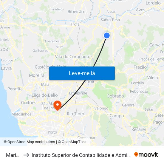Marinhos to Instituto Superior de Contabilidade e Administração do Porto map
