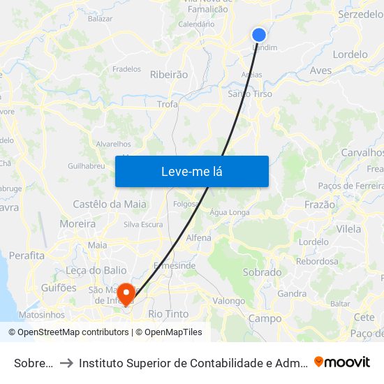 Sobreiral II to Instituto Superior de Contabilidade e Administração do Porto map