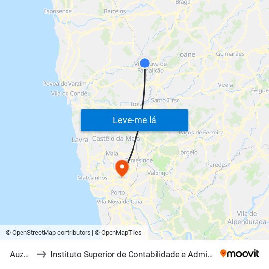 Auzende to Instituto Superior de Contabilidade e Administração do Porto map
