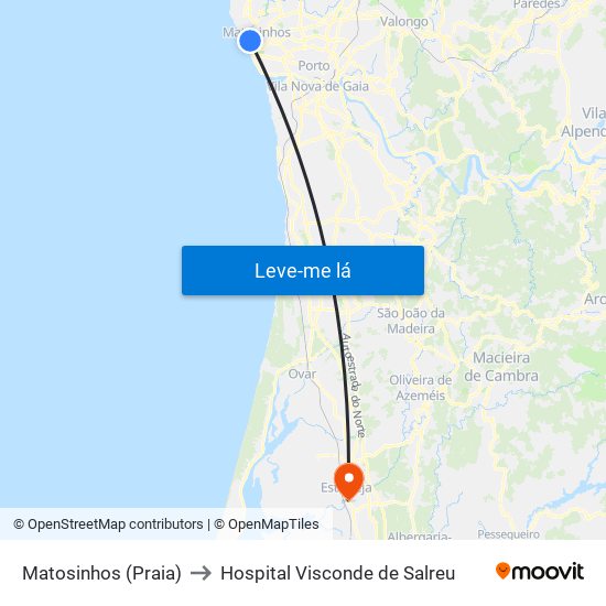 Matosinhos (Praia) to Hospital Visconde de Salreu map