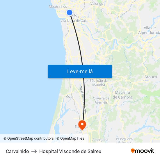 Carvalhido to Hospital Visconde de Salreu map