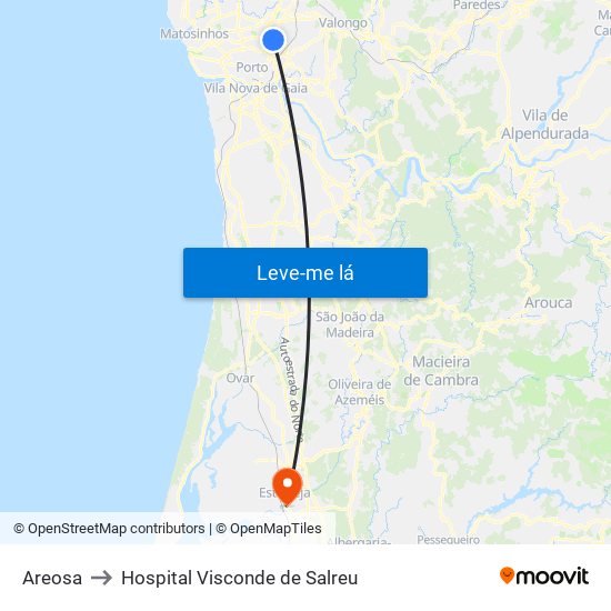 Areosa to Hospital Visconde de Salreu map